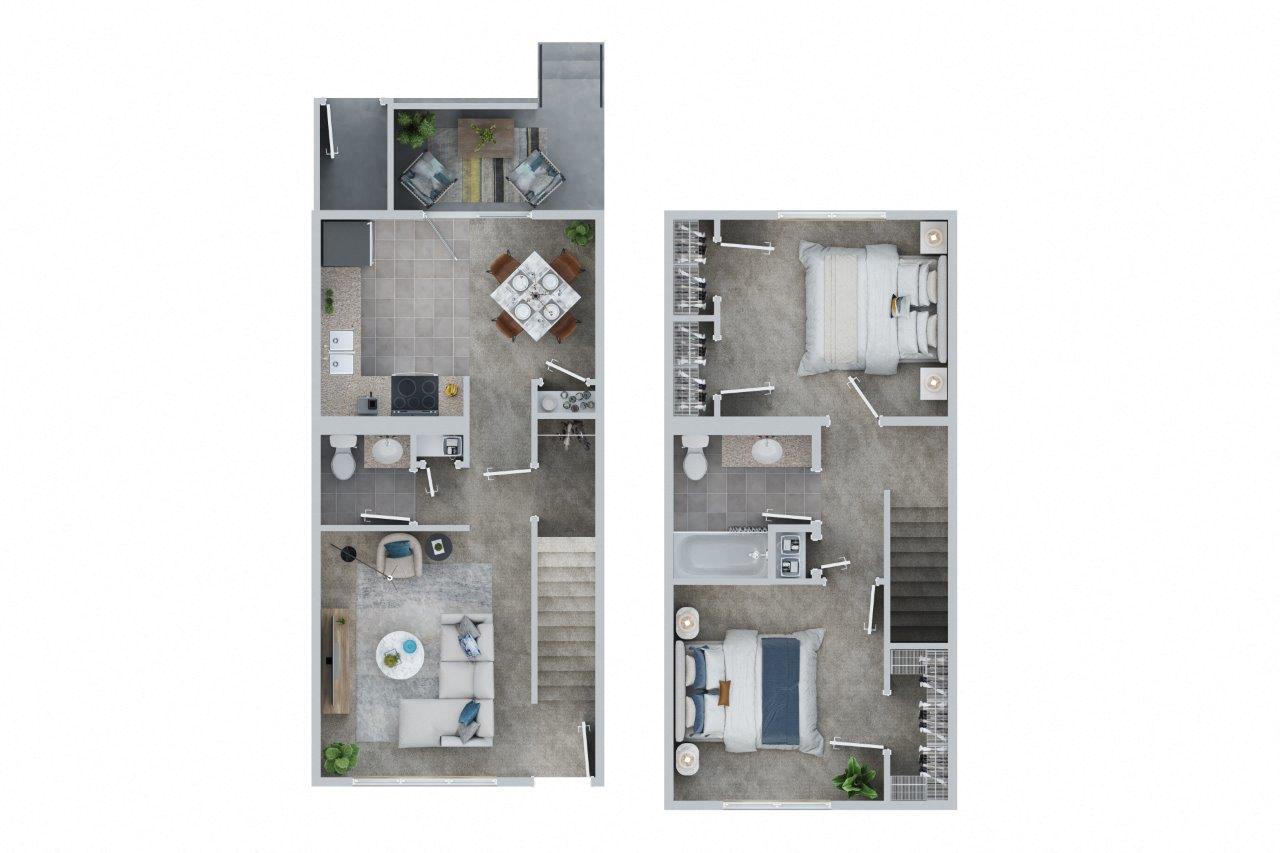 Floor plan for 2 beds, 1.5 baths, 1029 sqft